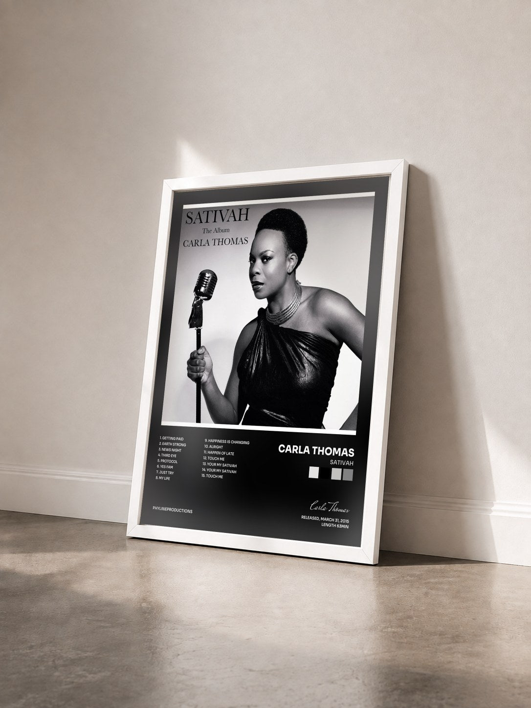 #blanc Tableau de l'album Sativah de Carla Thomas vu de trois quarts, cadre blanc
