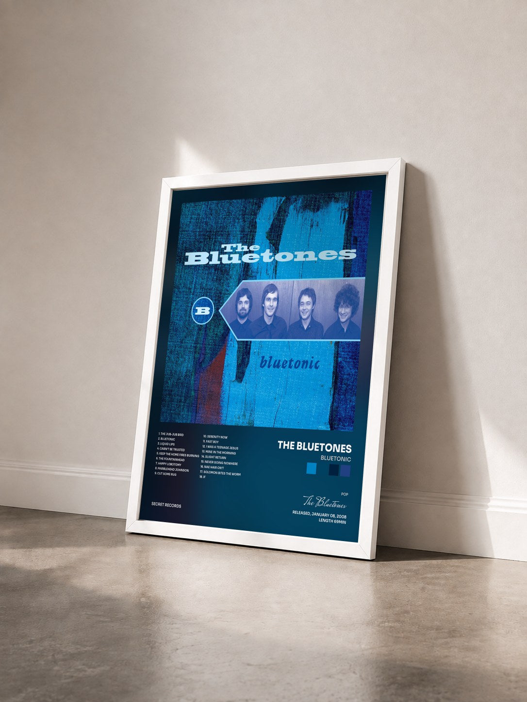 #blanc Tableau de l'album Bluetonic de The Bluetones vu de trois quarts, cadre blanc