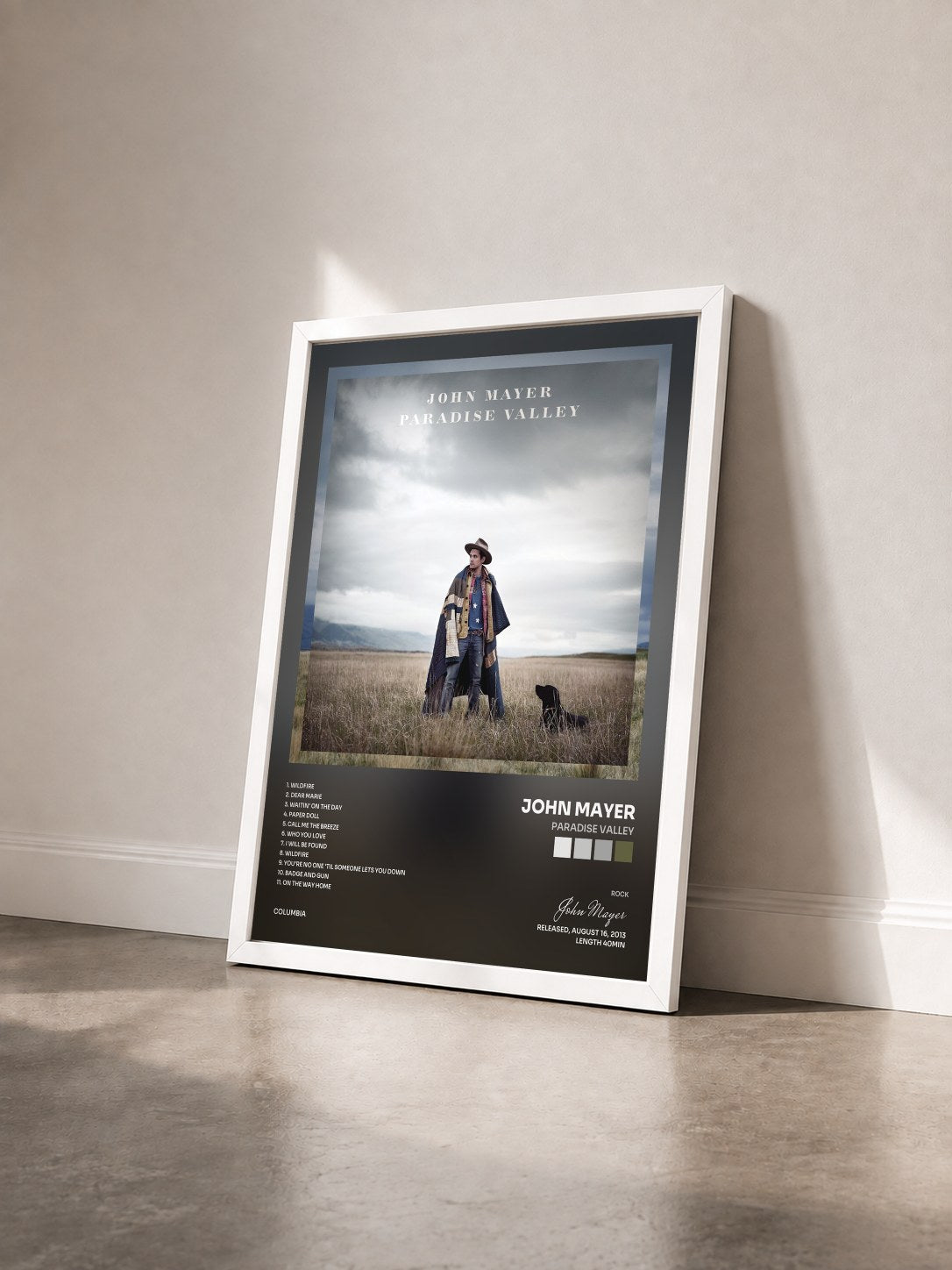 #blanc Tableau de l'album Paradise Valley de John Mayer vu de trois quarts, cadre blanc