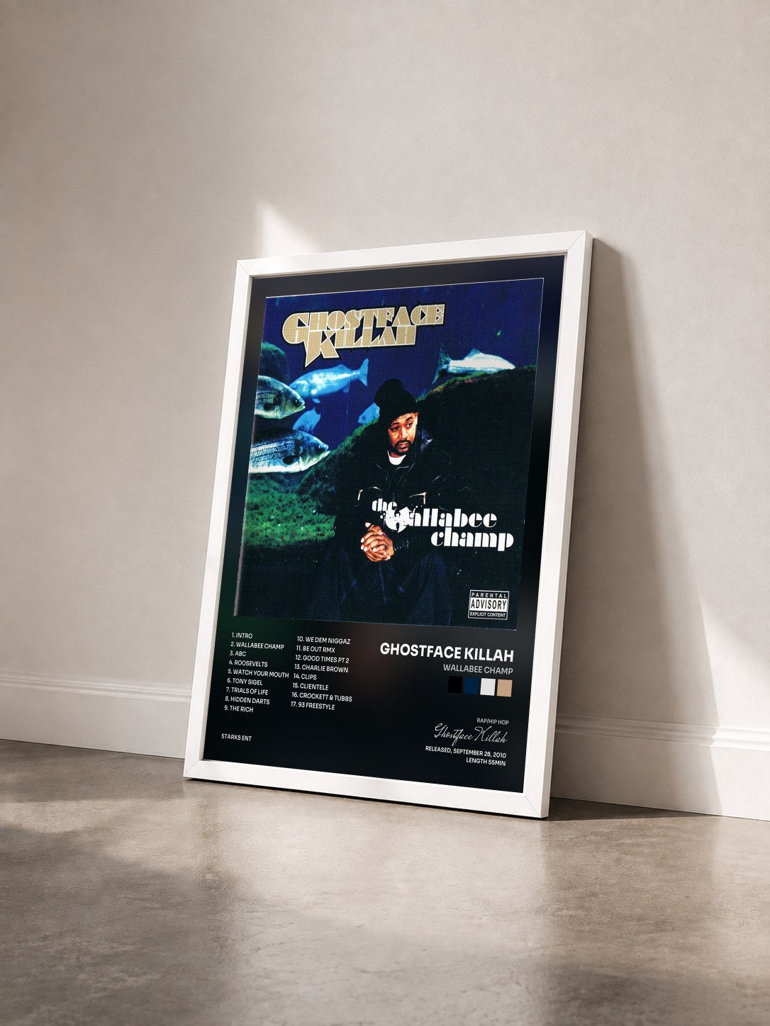 #blanc Tableau de l'album Wallabee Champ de Ghostface Killah vu de trois quarts, cadre blanc