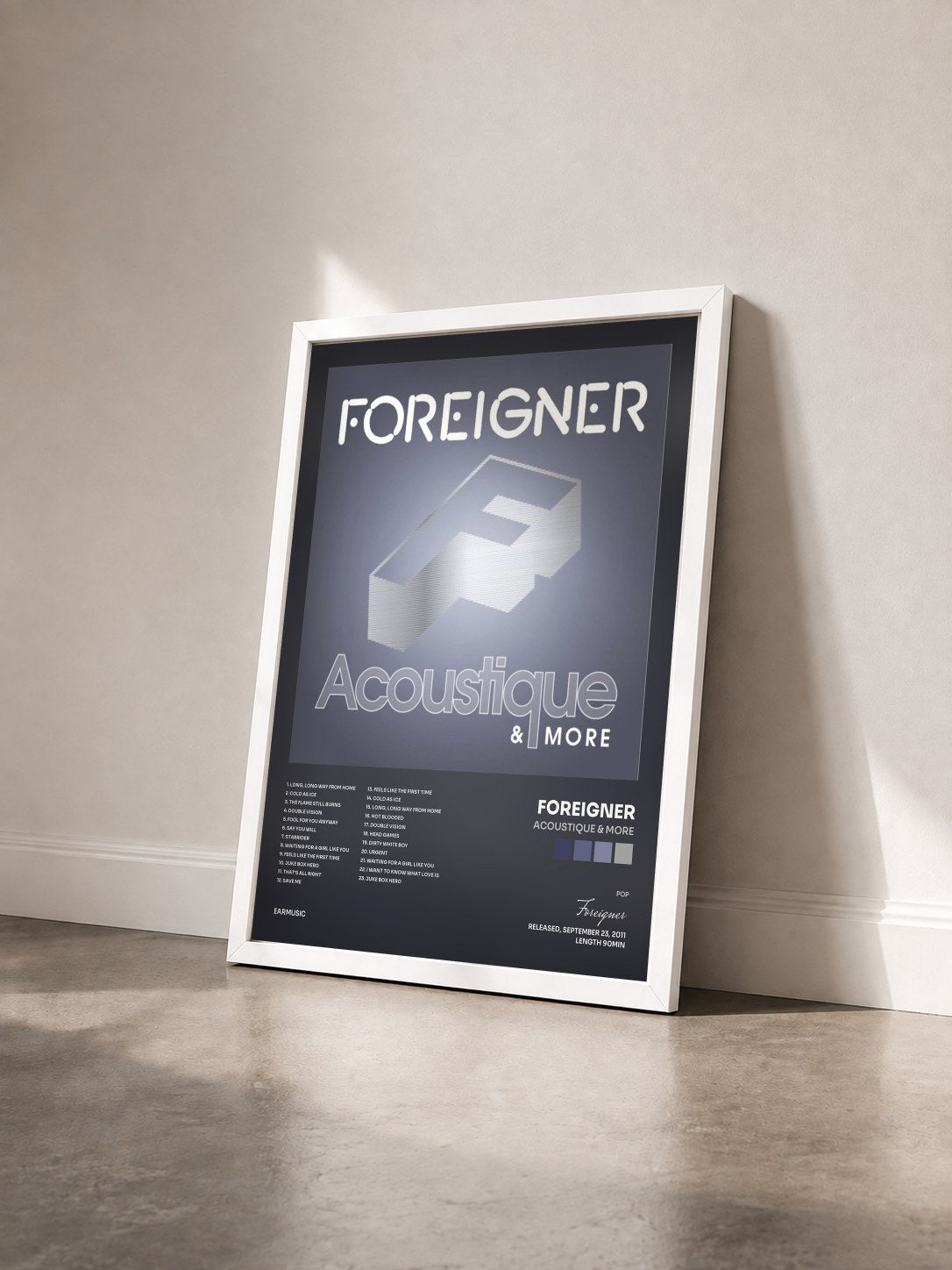 #blanc Tableau de l'album Acoustique & More de Foreigner vu de trois quarts, cadre blanc