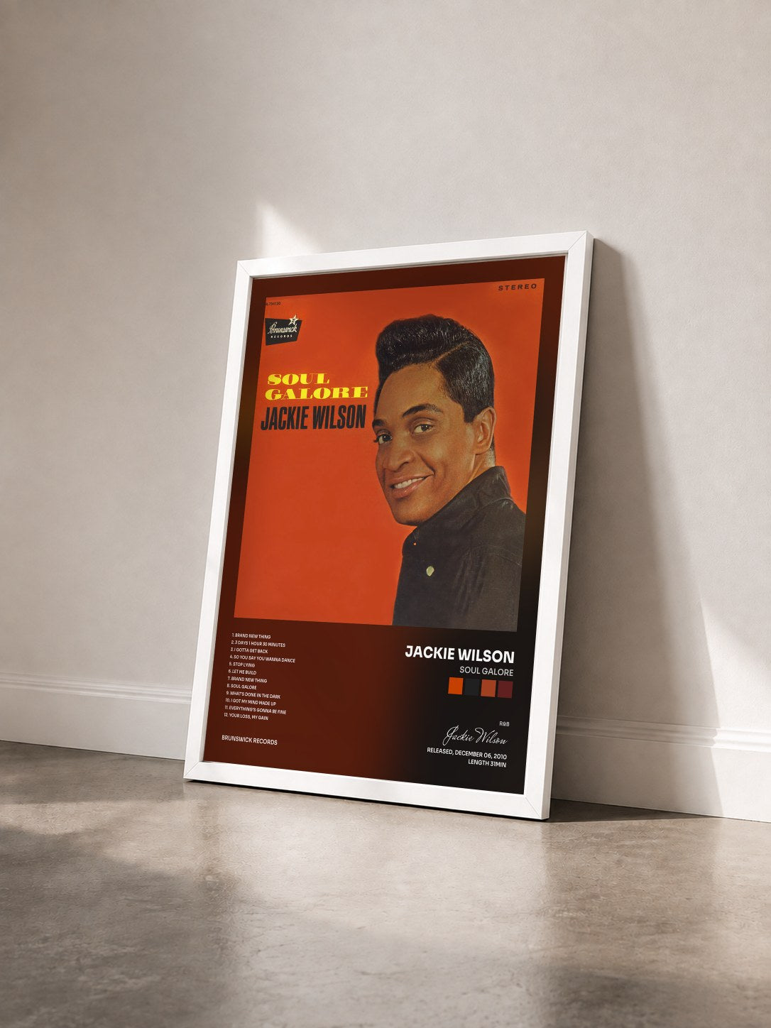 #blanc Tableau de l'album Soul Galore de Jackie Wilson vu de trois quarts, cadre blanc