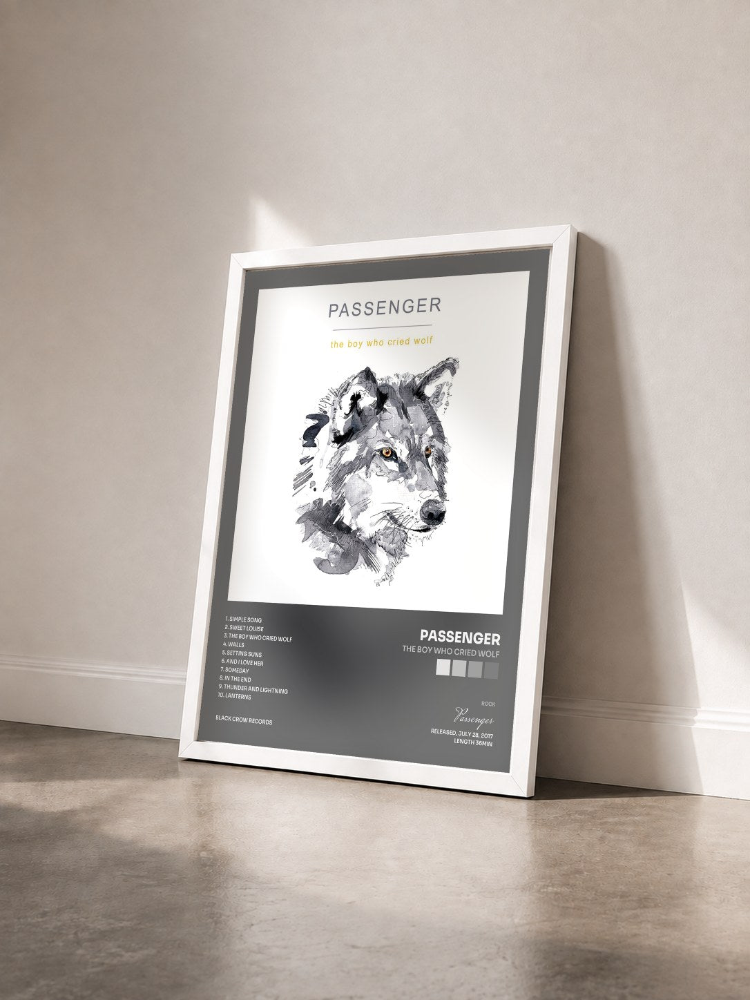 #blanc Tableau de l'album The Boy Who Cried Wolf de Passenger vu de trois quarts, cadre blanc