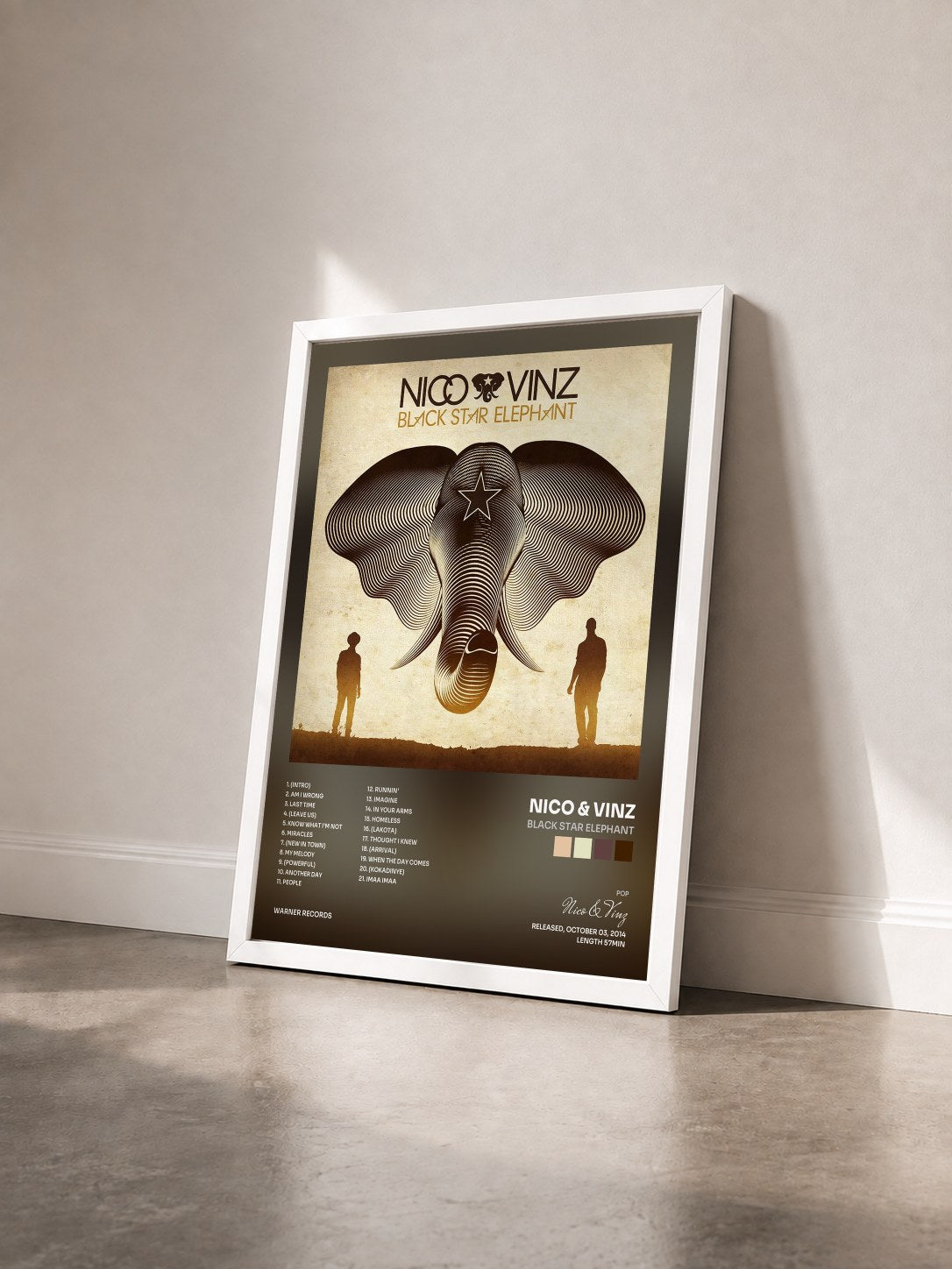 #blanc Tableau de l'album Black Star Elephant de Nico & Vinz vu de trois quarts, cadre blanc