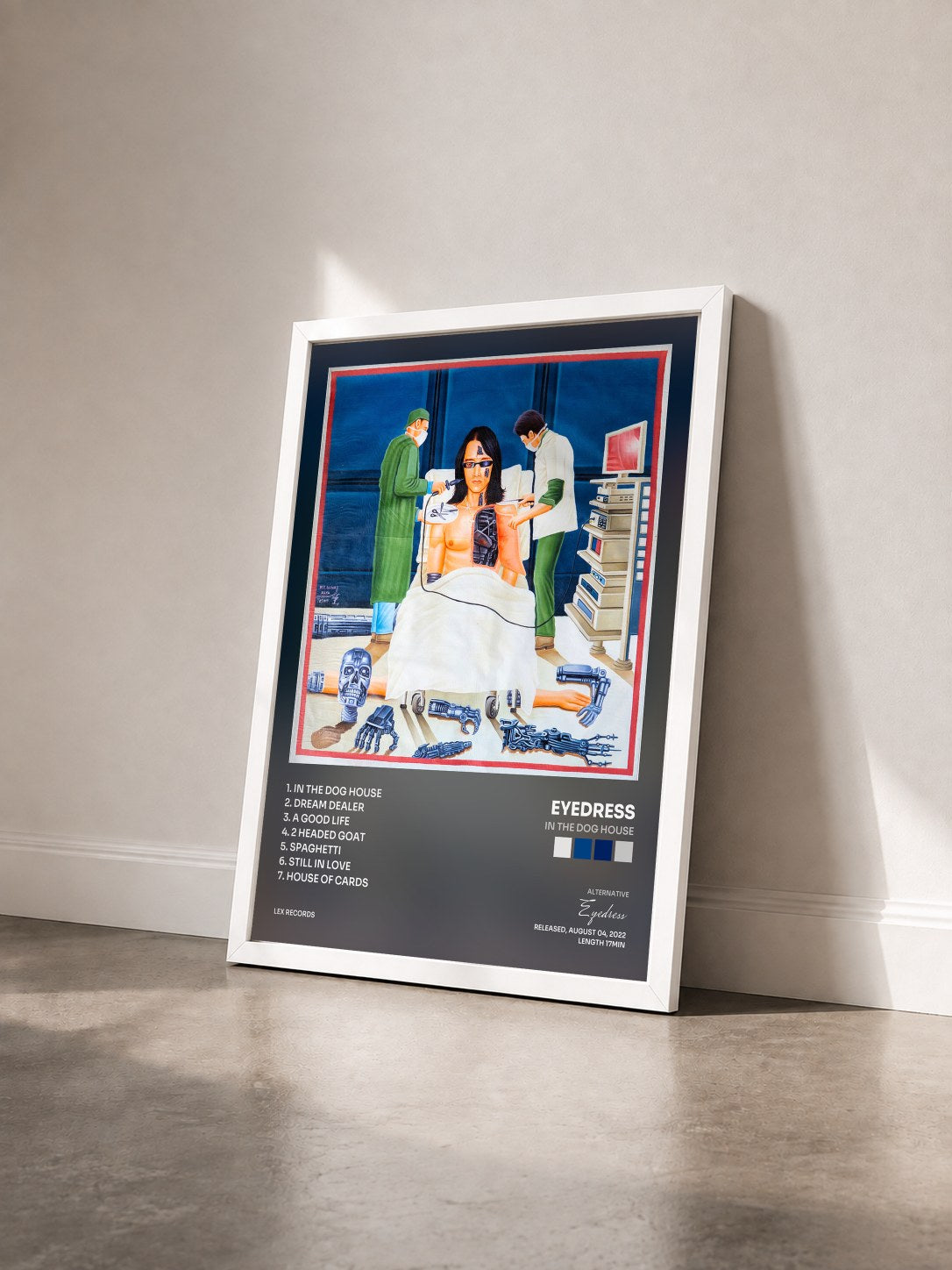 #blanc Tableau de l'album IN THE DOG HOUSE de Eyedress vu de trois quarts, cadre blanc
