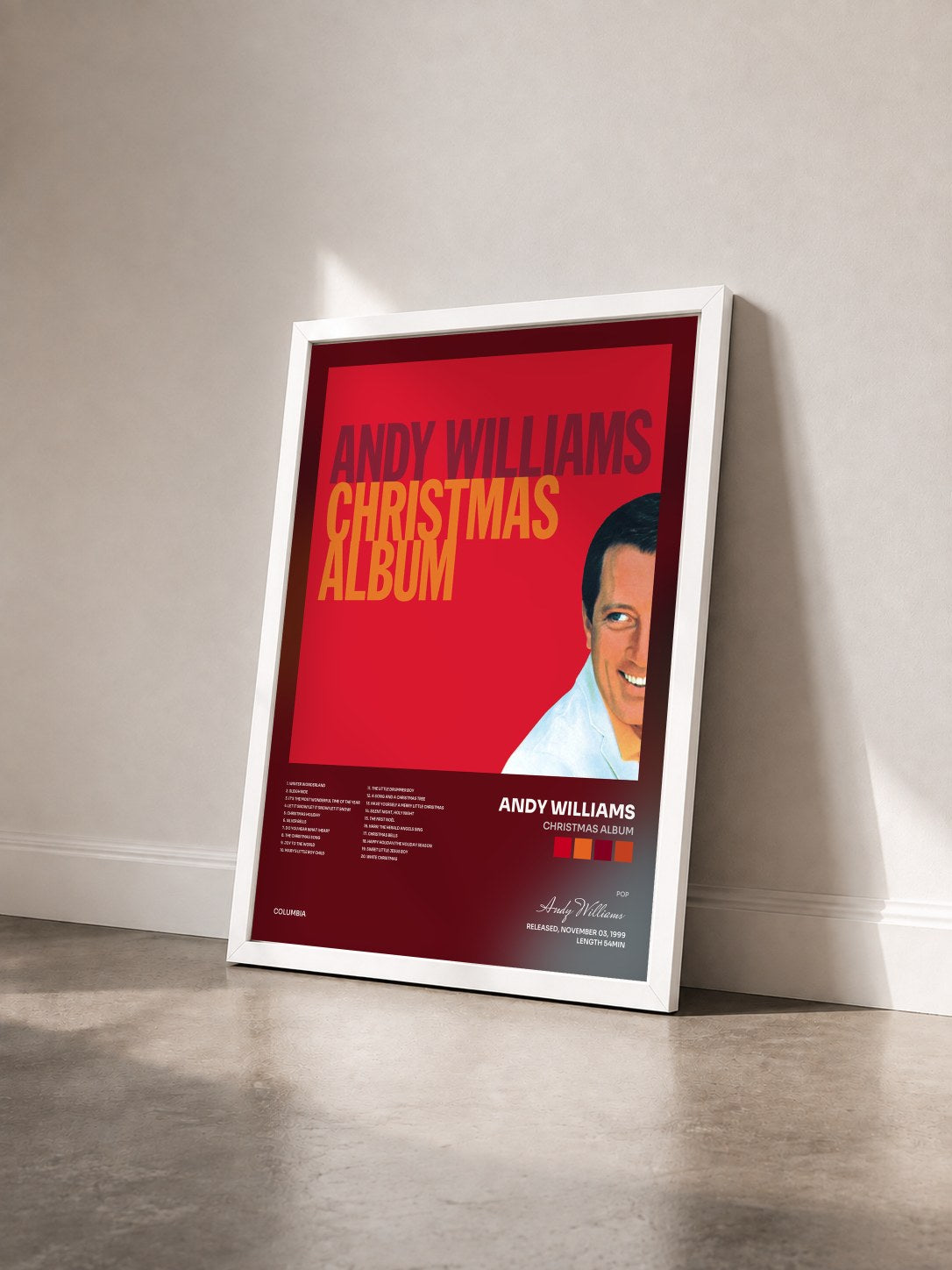 #blanc Tableau de l'album Christmas Album de Andy Williams vu de trois quarts, cadre blanc