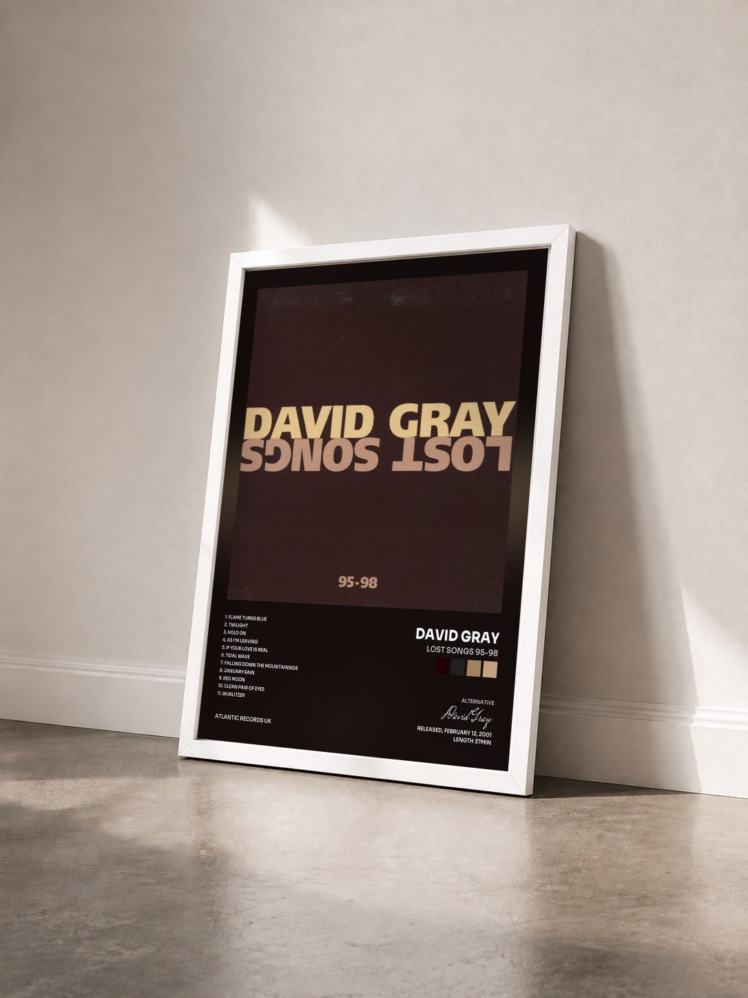 #blanc Tableau de l'album Lost Songs 95-98 de David Gray vu de trois quarts, cadre blanc