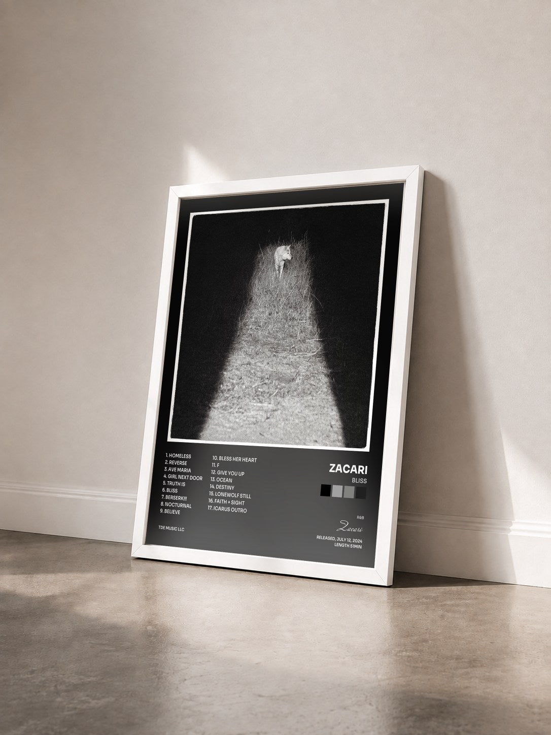 #blanc Tableau de l'album Bliss de Zacari vu de trois quarts, cadre blanc