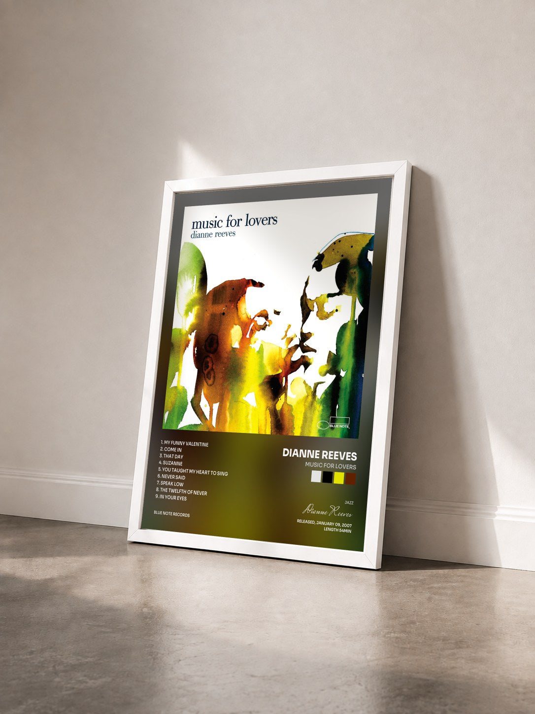 #blanc Tableau de l'album Music For Lovers de Dianne Reeves vu de trois quarts, cadre blanc