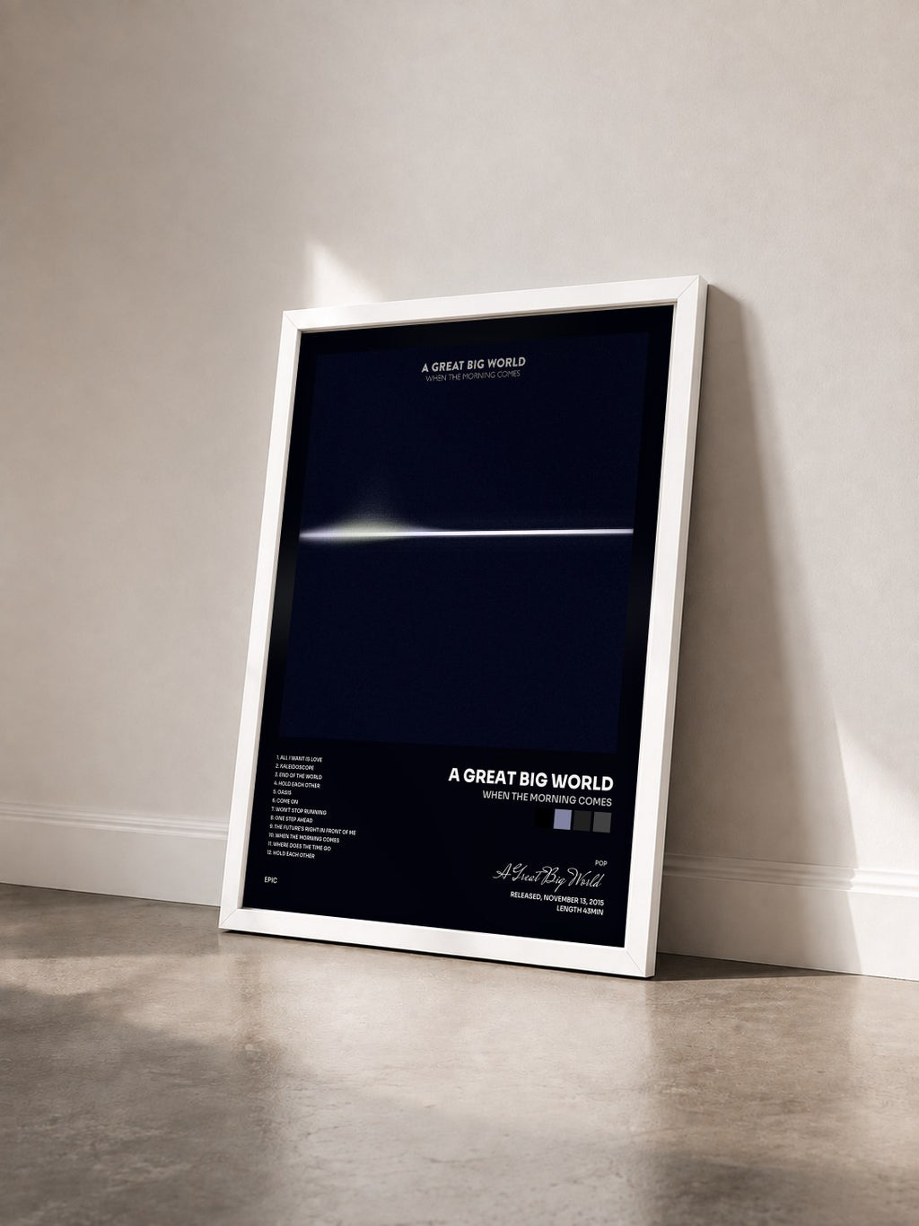 #blanc When the Morning Comes by A Great Big World as a framed art print seen at an angle, white frame