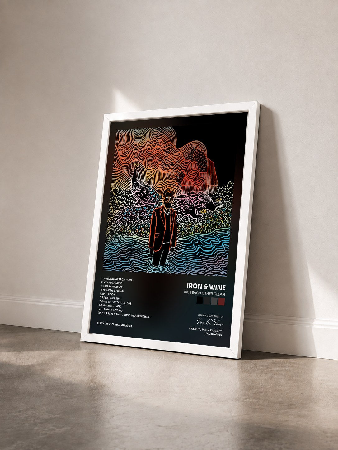 #blanc Tableau de l'album Kiss Each Other Clean de Iron & Wine vu de trois quarts, cadre blanc