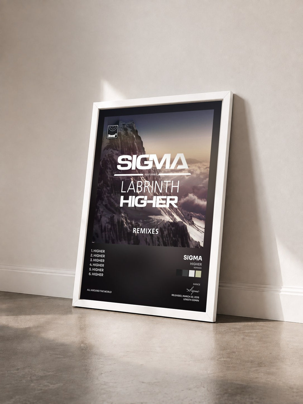#blanc Higher (Remixes) di Sigma in stampa incorniciata vista di tre quarti, cornice bianca