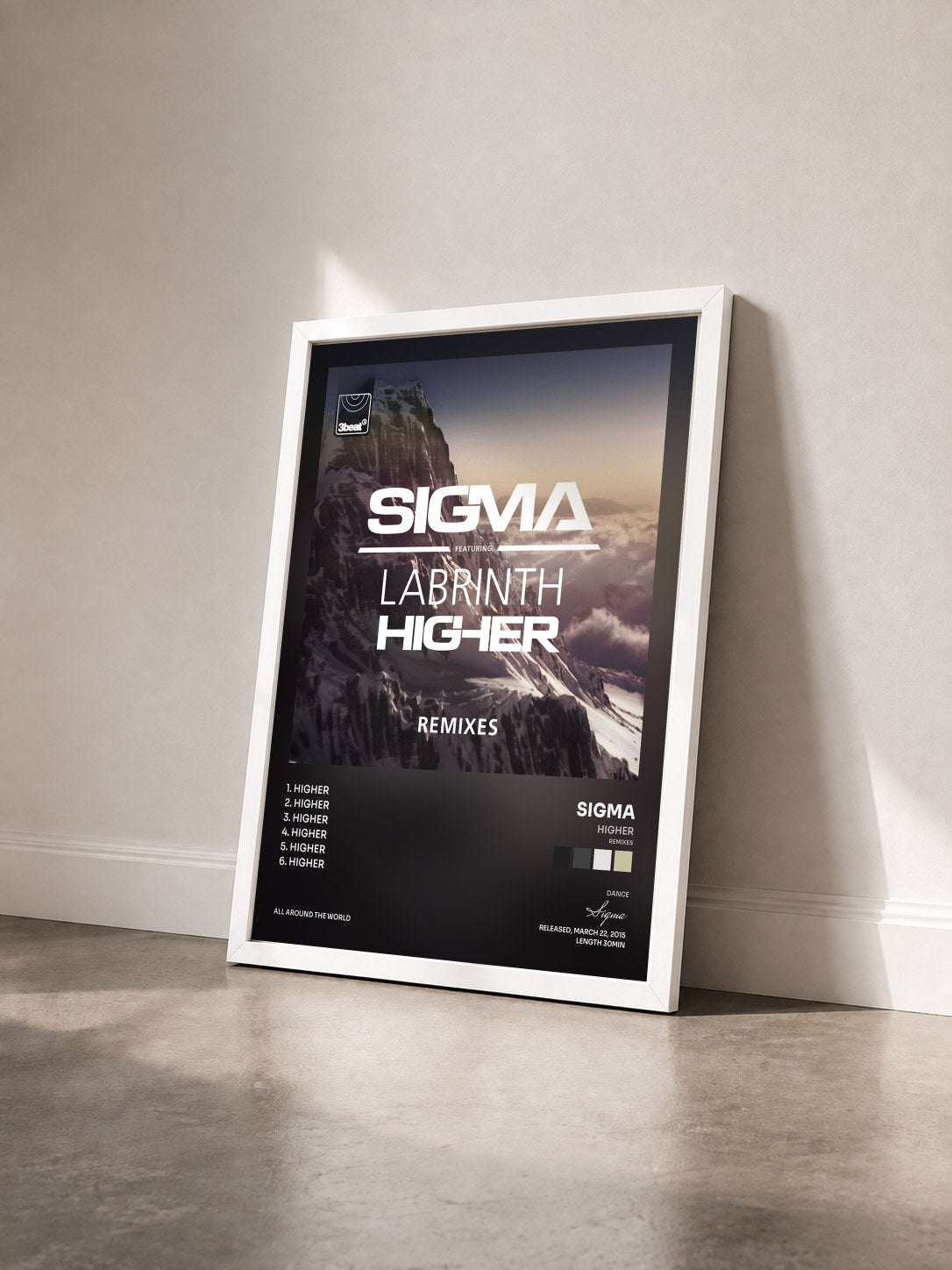 #blanc Tableau de l'album Higher (Remixes) de Sigma vu de trois quarts, cadre blanc