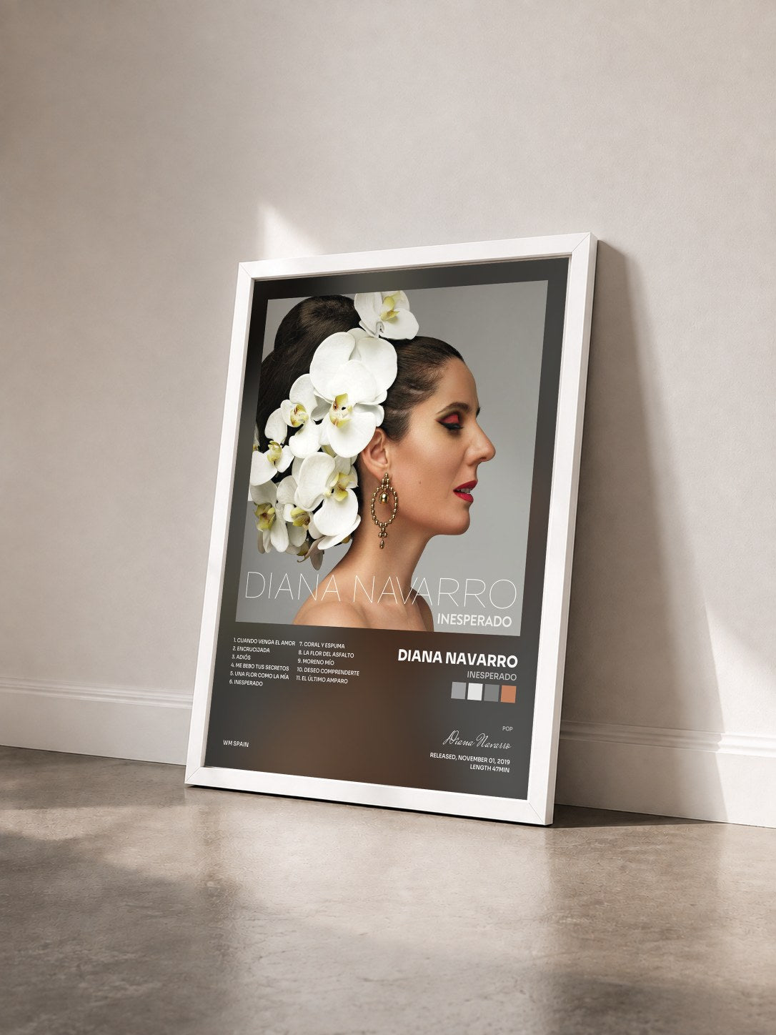 #blanc Tableau de l'album Inesperado de Diana Navarro vu de trois quarts, cadre blanc