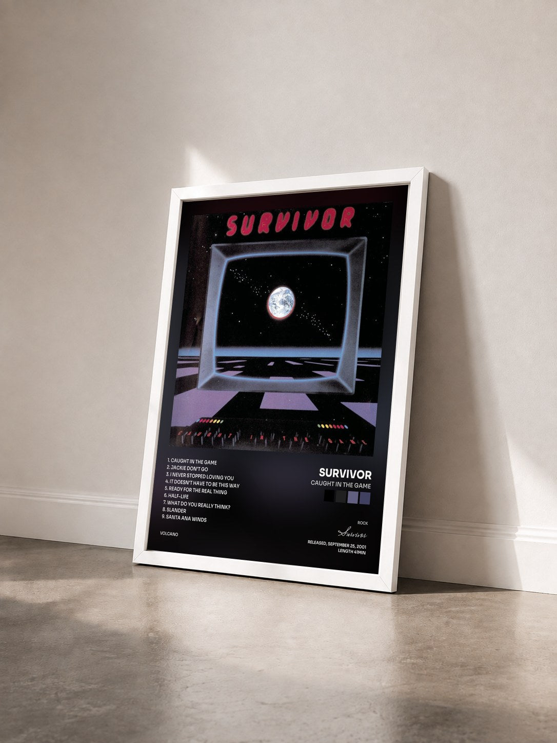 #blanc Tableau de l'album Caught in the Game de Survivor vu de trois quarts, cadre blanc