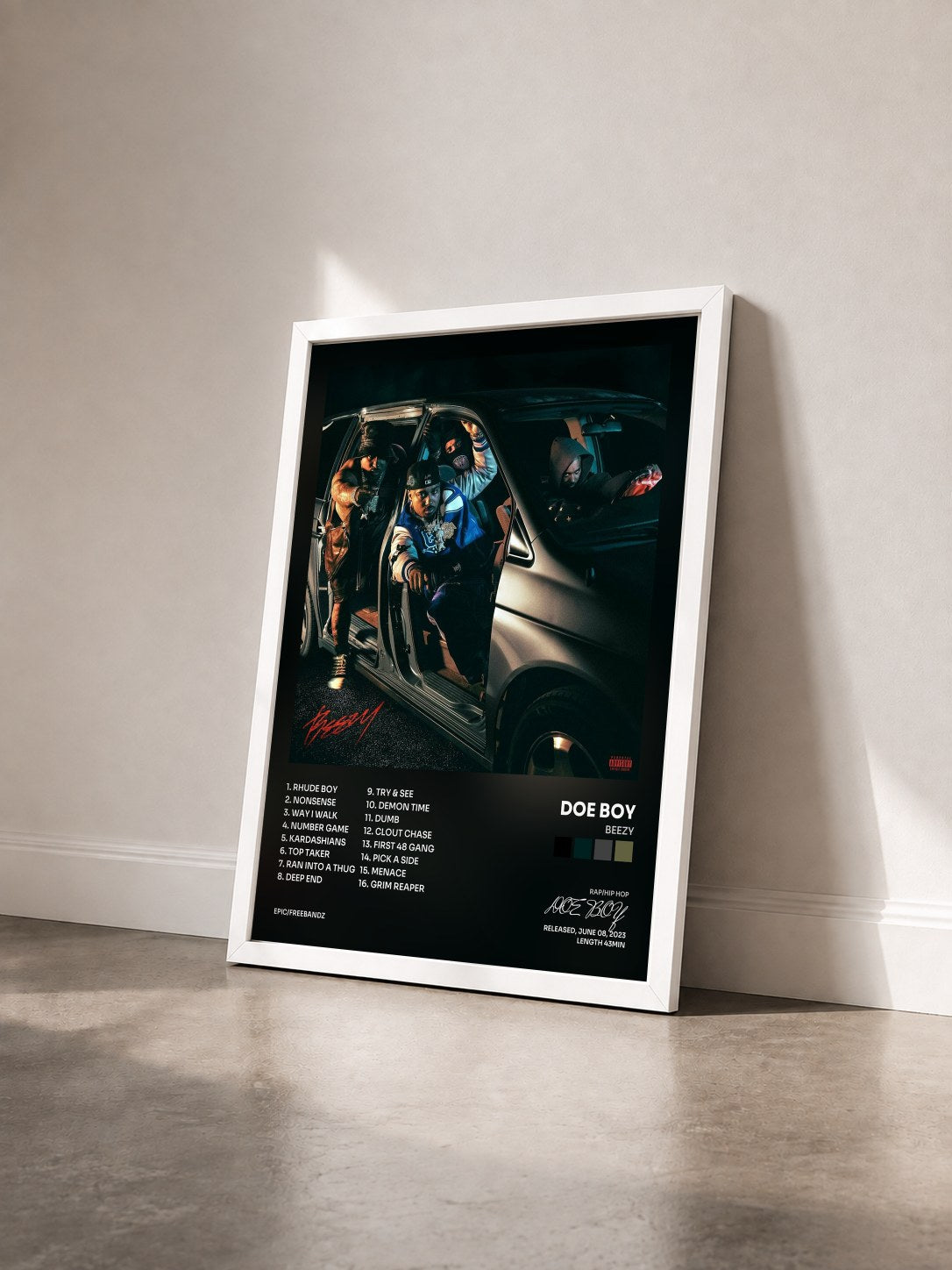#blanc Tableau de l'album BEEZY de DOE BOY vu de trois quarts, cadre blanc