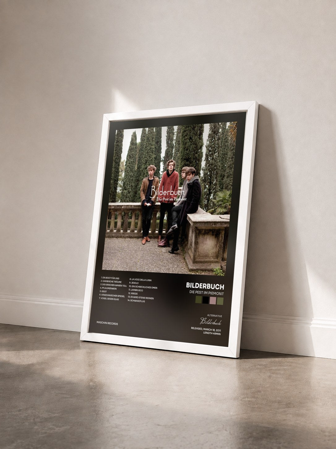 #blanc Tableau de l'album Die Pest im Piemont de Bilderbuch vu de trois quarts, cadre blanc