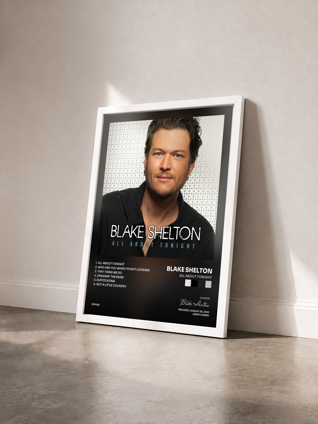 #blanc Tableau de l'album All About Tonight de Blake Shelton vu de trois quarts, cadre blanc