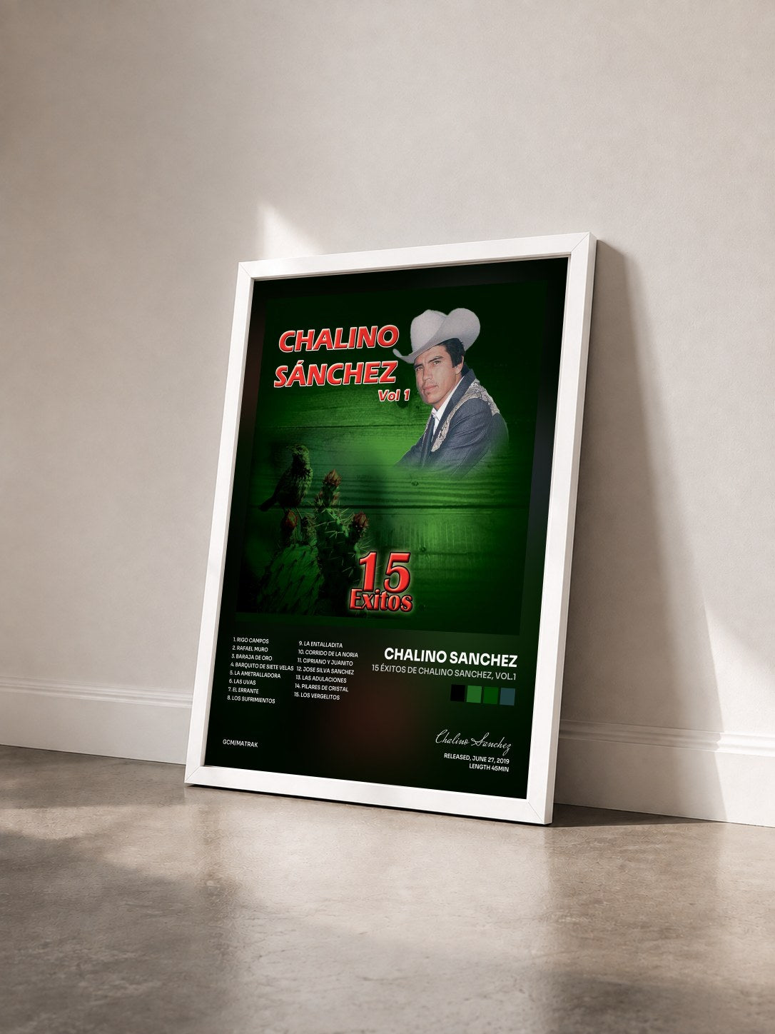 #blanc Tableau de l'album 15 Éxitos de Chalino Sanchez, Vol.1 de Chalino Sanchez vu de trois quarts, cadre blanc