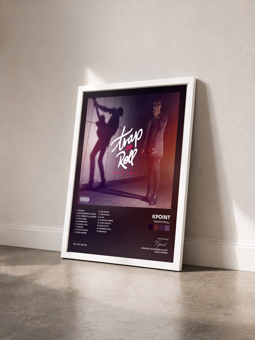 #blanc Tableau de l'album Trap'N'Roll de Kpoint vu de trois quarts, cadre blanc