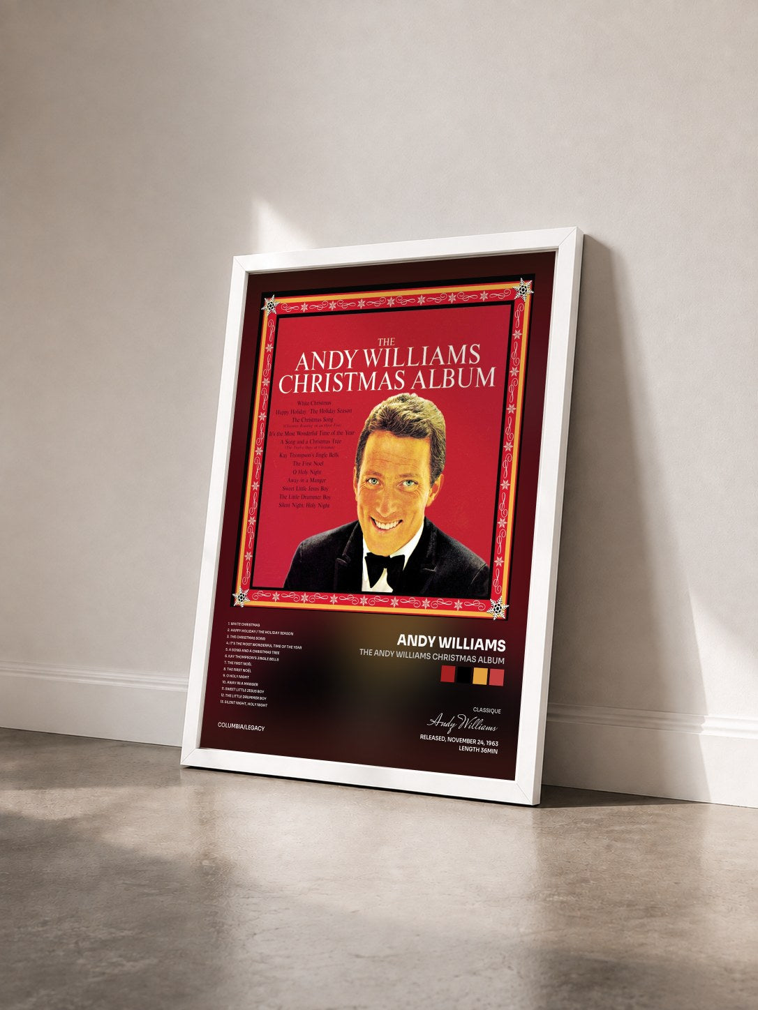 #blanc Tableau de l'album The Andy Williams Christmas Album de Andy Williams vu de trois quarts, cadre blanc