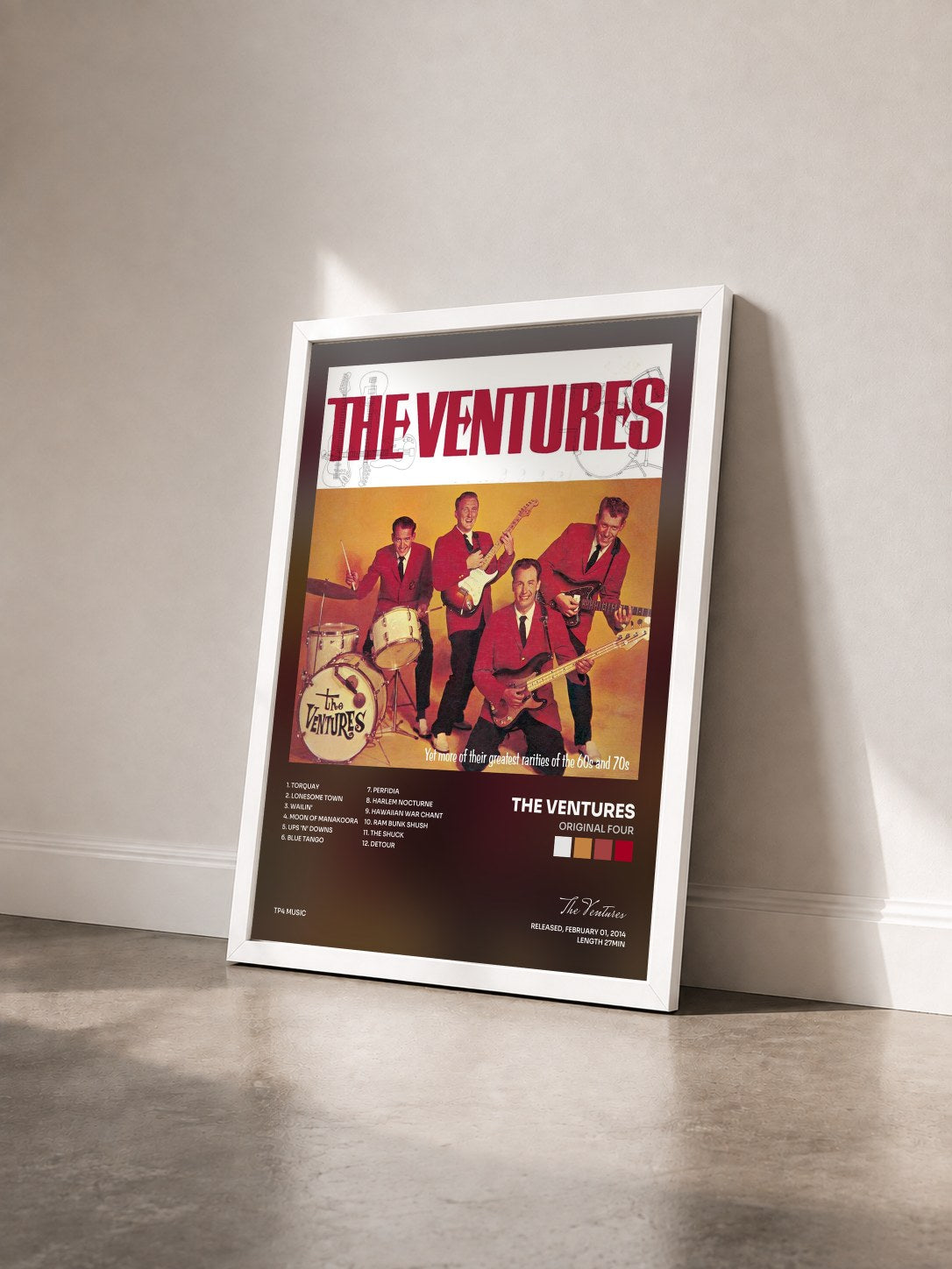 #blanc Tableau de l'album Original Four de The Ventures vu de trois quarts, cadre blanc