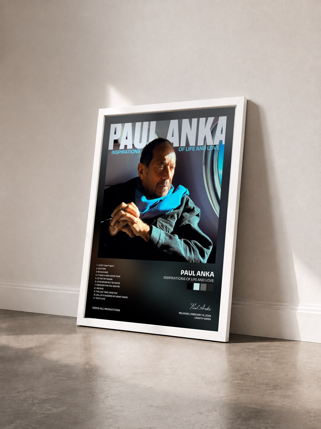 #blanc Tableau de l'album Inspirations of Life and Love de Paul Anka vu de trois quarts, cadre blanc