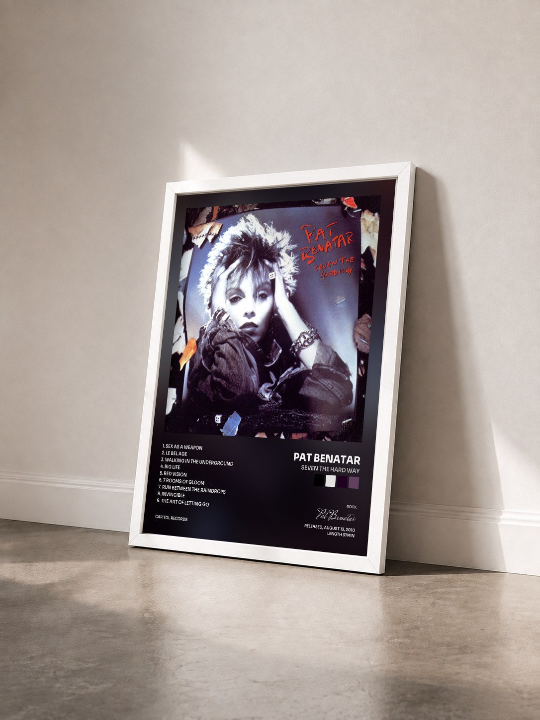 #blanc Tableau de l'album Seven The Hard Way de Pat Benatar vu de trois quarts, cadre blanc