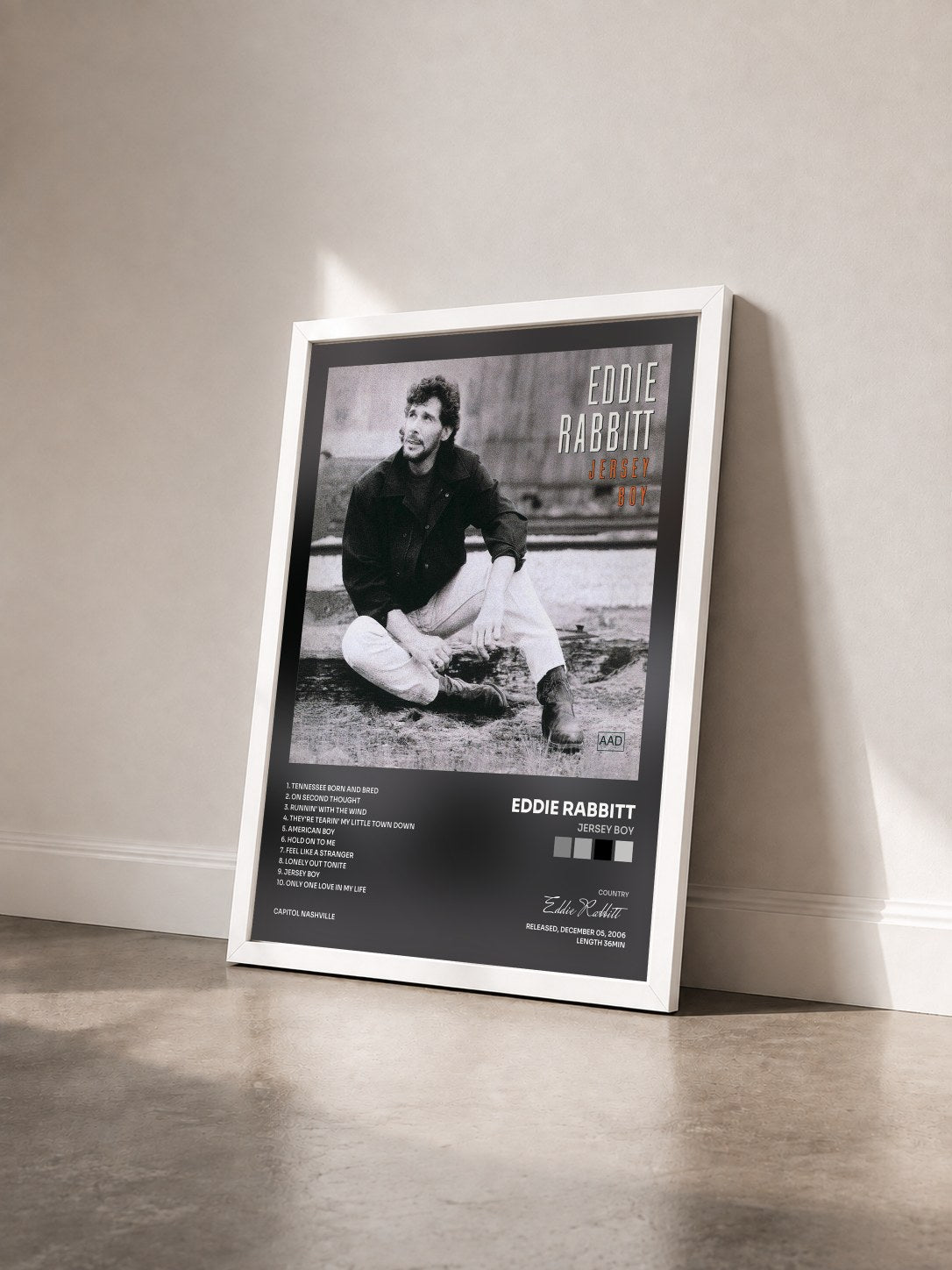 #blanc Tableau de l'album Jersey Boy de Eddie Rabbitt vu de trois quarts, cadre blanc