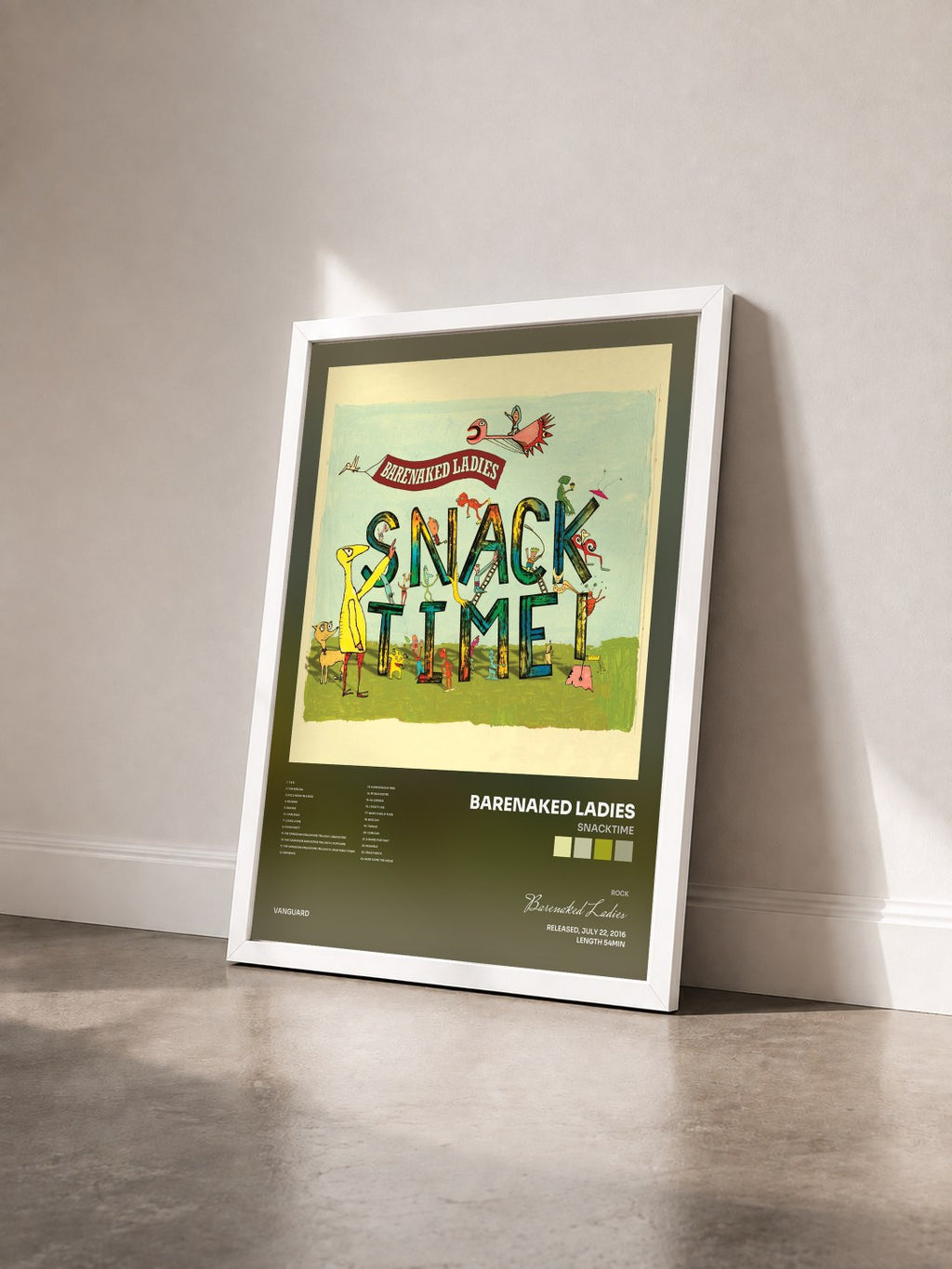 #blanc Snacktime by Barenaked Ladies as a framed art print seen at an angle, white frame