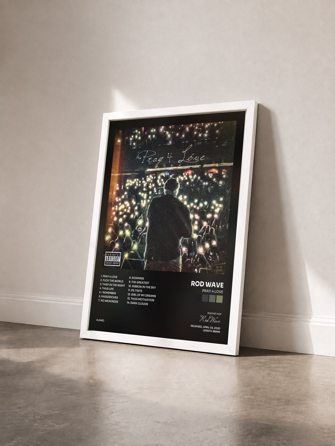#blanc Tableau de l'album Pray 4 Love de Rod Wave vu de trois quarts, cadre blanc
