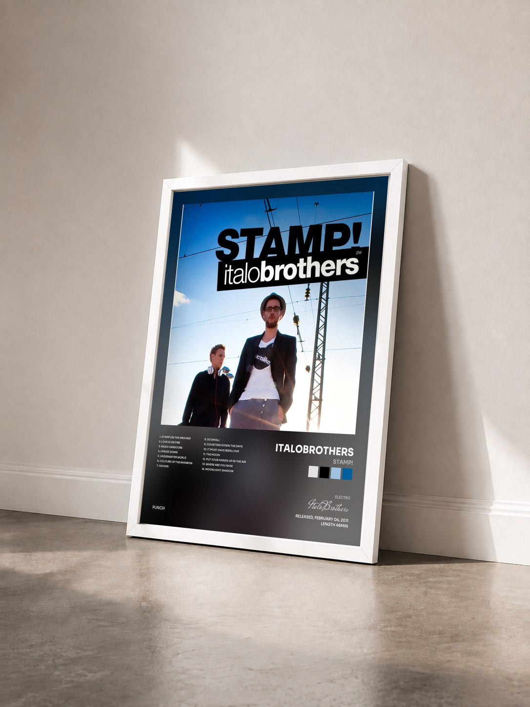 #blanc Tableau de l'album Stamp! de ItaloBrothers vu de trois quarts, cadre blanc