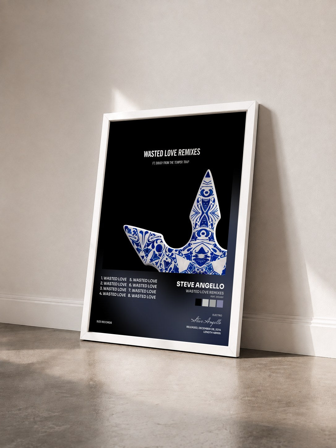 #blanc Tableau de l'album Wasted Love Remixes (feat. Dougy) de Steve Angello vu de trois quarts, cadre blanc
