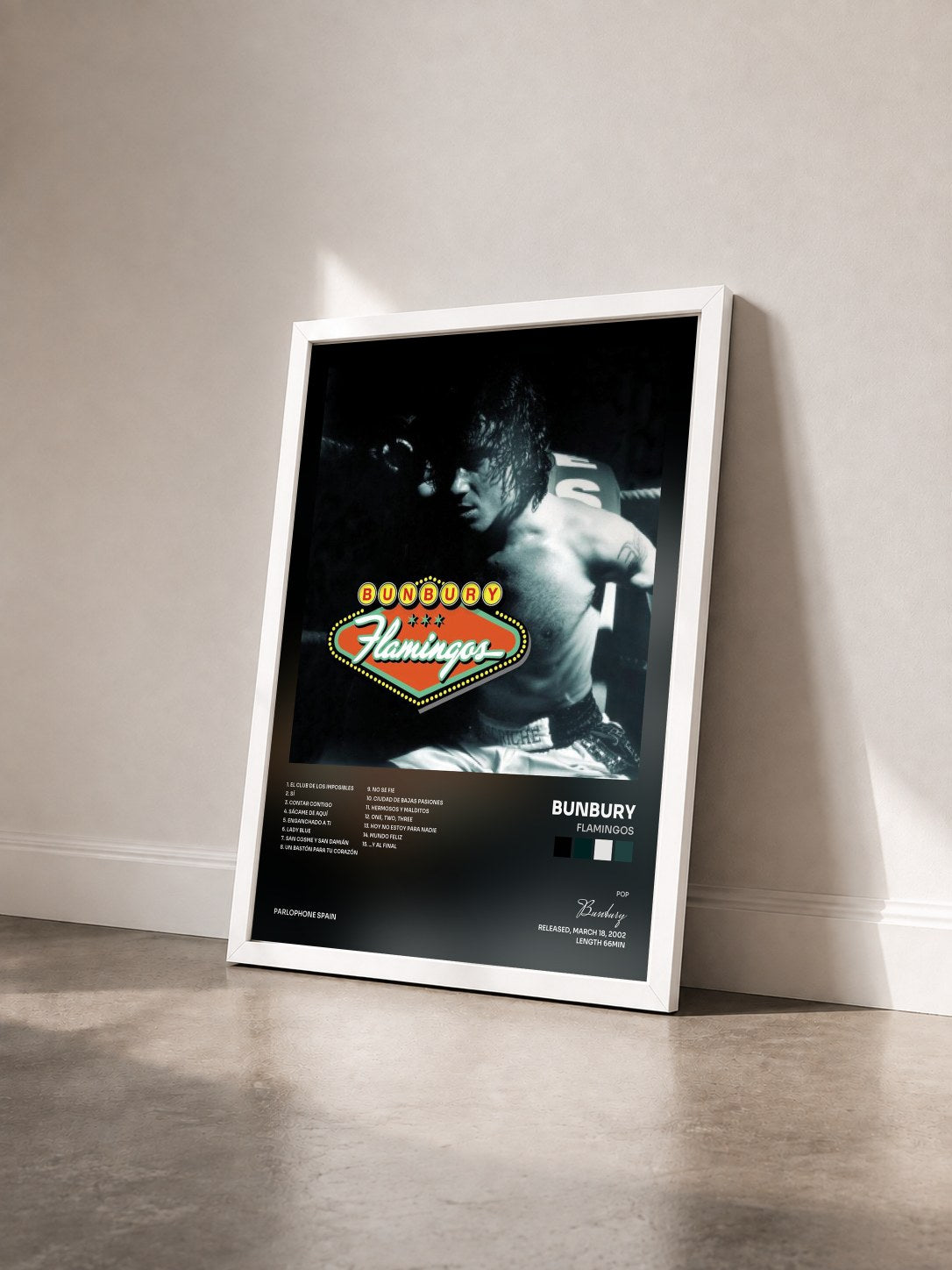 #blanc Tableau de l'album Flamingos de Bunbury vu de trois quarts, cadre blanc