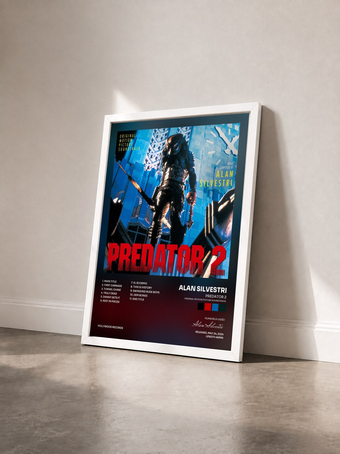 #blanc Tableau de l'album Predator 2 (Original Motion Picture Soundtrack) de Alan Silvestri vu de trois quarts, cadre blanc