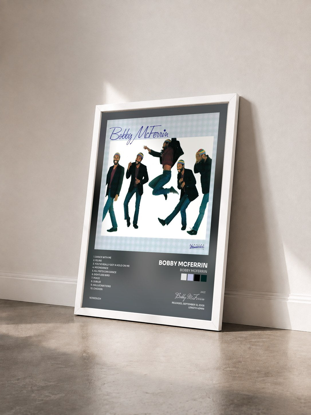 #blanc Tableau de l'album Bobby McFerrin de Bobby McFerrin vu de trois quarts, cadre blanc