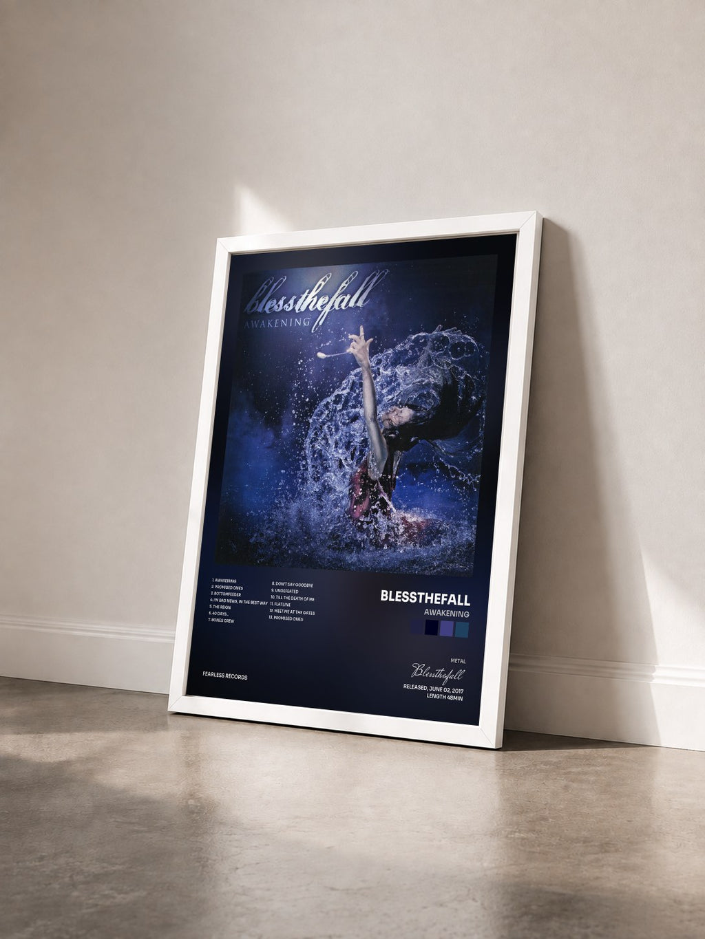 #blanc Tableau de l'album Awakening de Blessthefall vu de trois quarts, cadre blanc