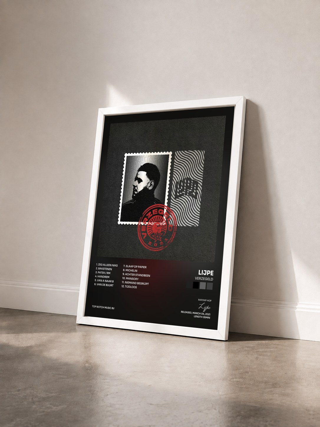 #blanc Tableau de l'album Verzegeld de Lijpe vu de trois quarts, cadre blanc