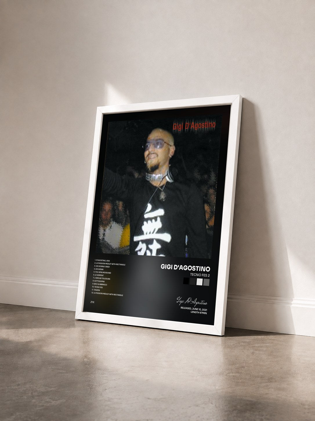 #blanc Tableau de l'album Tecno Fes 2 de Gigi D'Agostino vu de trois quarts, cadre blanc
