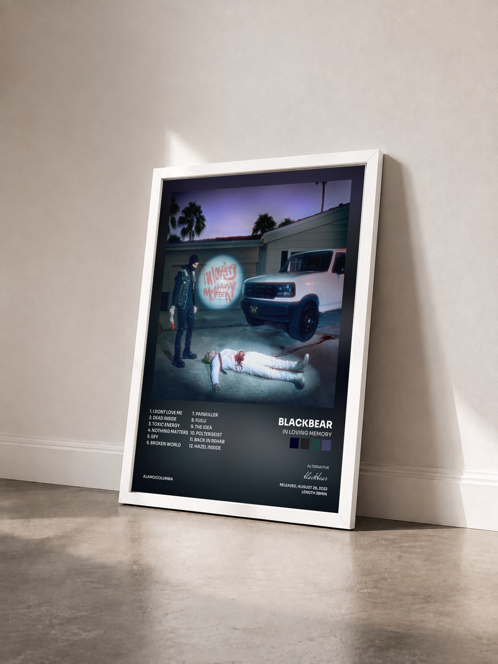 #blanc in loving memory by blackbear as a framed art print seen at an angle, white frame