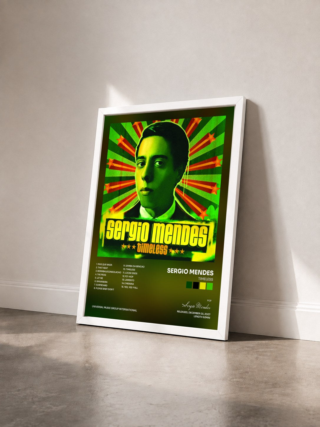 #blanc Tableau de l'album Timeless de Sergio Mendes vu de trois quarts, cadre blanc
