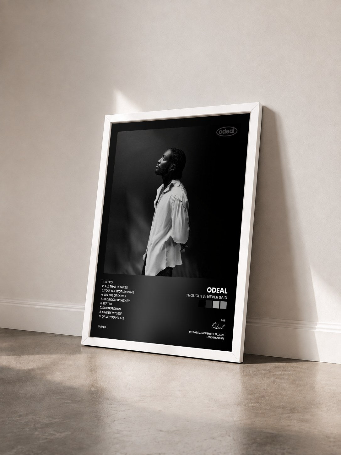 #blanc Tableau de l'album Thoughts I Never Said de Odeal vu de trois quarts, cadre blanc