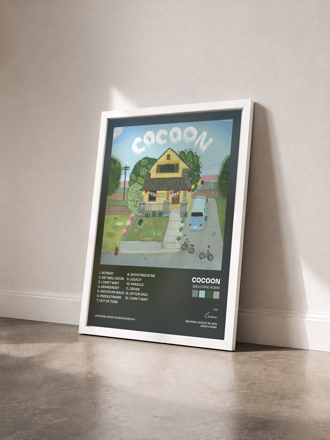 #blanc Tableau de l'album Welcome Home de Cocoon vu de trois quarts, cadre blanc