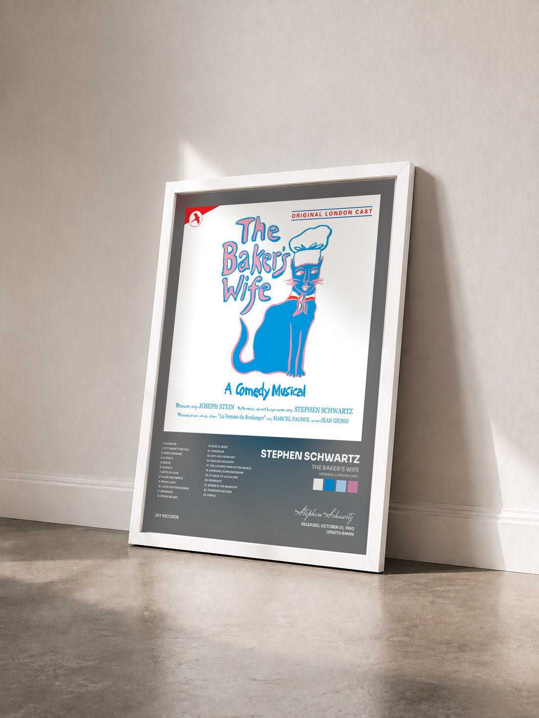 #blanc Tableau de l'album The Baker's Wife (Original London Cast) de Stephen Schwartz vu de trois quarts, cadre blanc