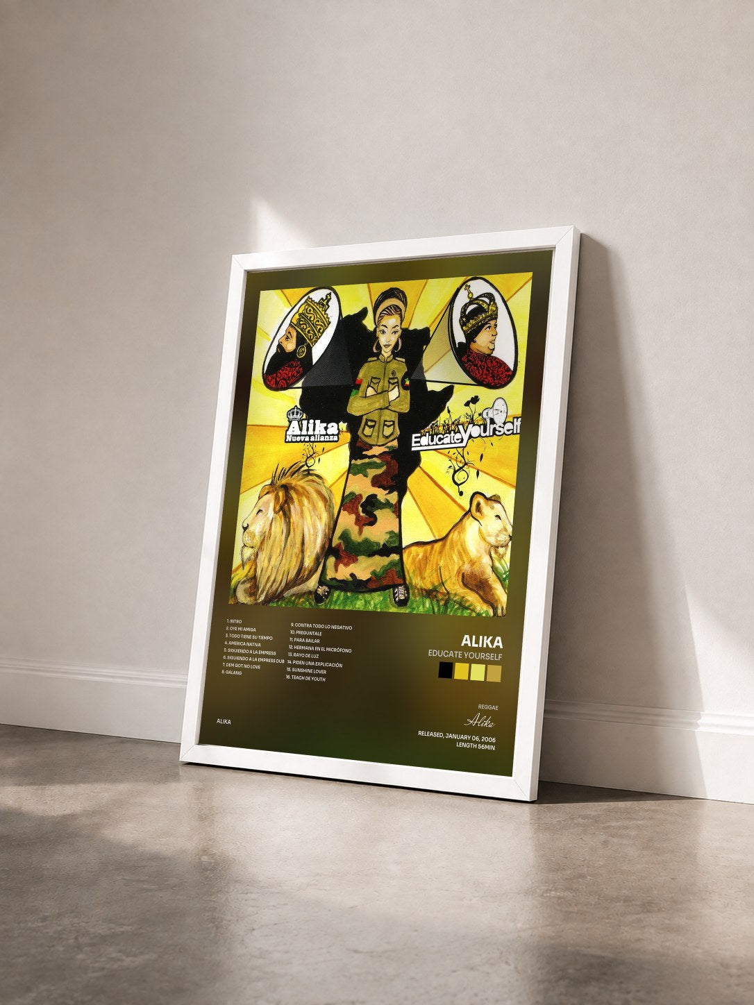 #blanc Tableau de l'album Educate Yourself de Alika vu de trois quarts, cadre blanc