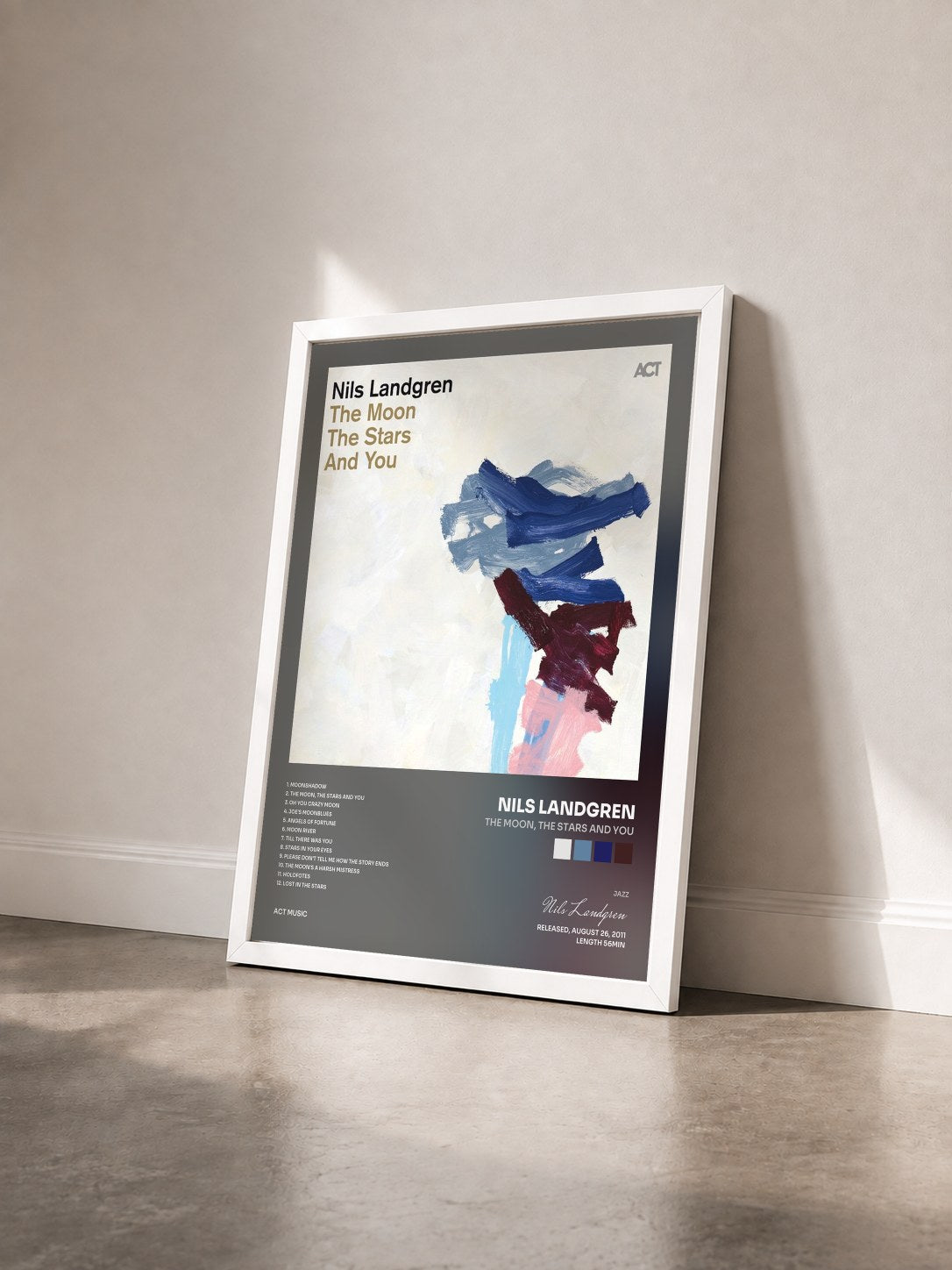 #blanc Tableau de l'album The Moon, the Stars and You de Nils Landgren vu de trois quarts, cadre blanc