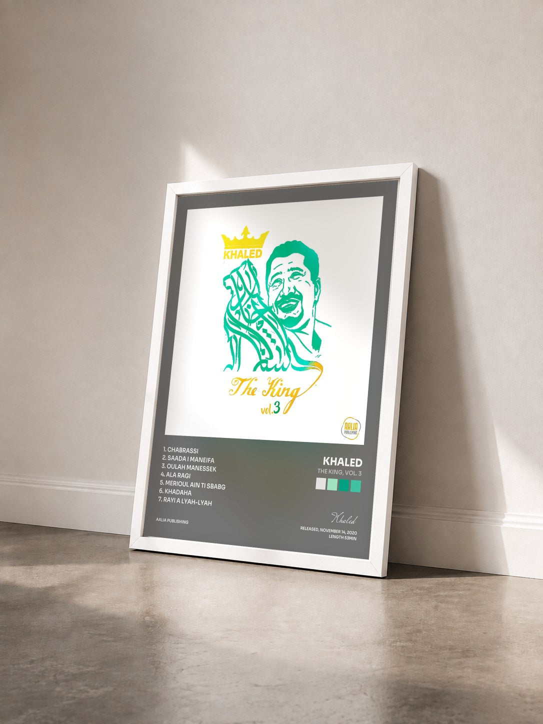 #blanc Tableau de l'album The King, Vol. 3 de Khaled vu de trois quarts, cadre blanc