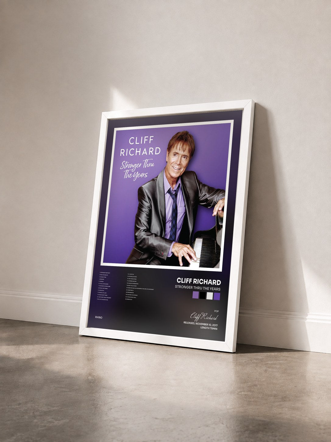 #blanc Tableau de l'album Stronger Thru the Years de Cliff Richard vu de trois quarts, cadre blanc