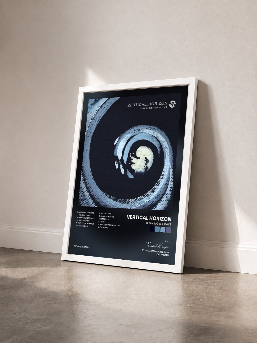 #blanc Tableau de l'album Burning the Days de Vertical Horizon vu de trois quarts, cadre blanc