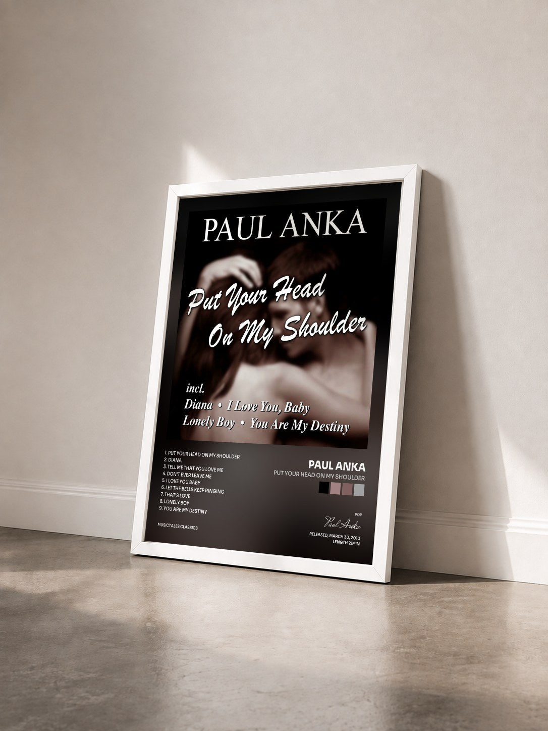 #blanc Tableau de l'album Put Your Head On My Shoulder de Paul Anka vu de trois quarts, cadre blanc